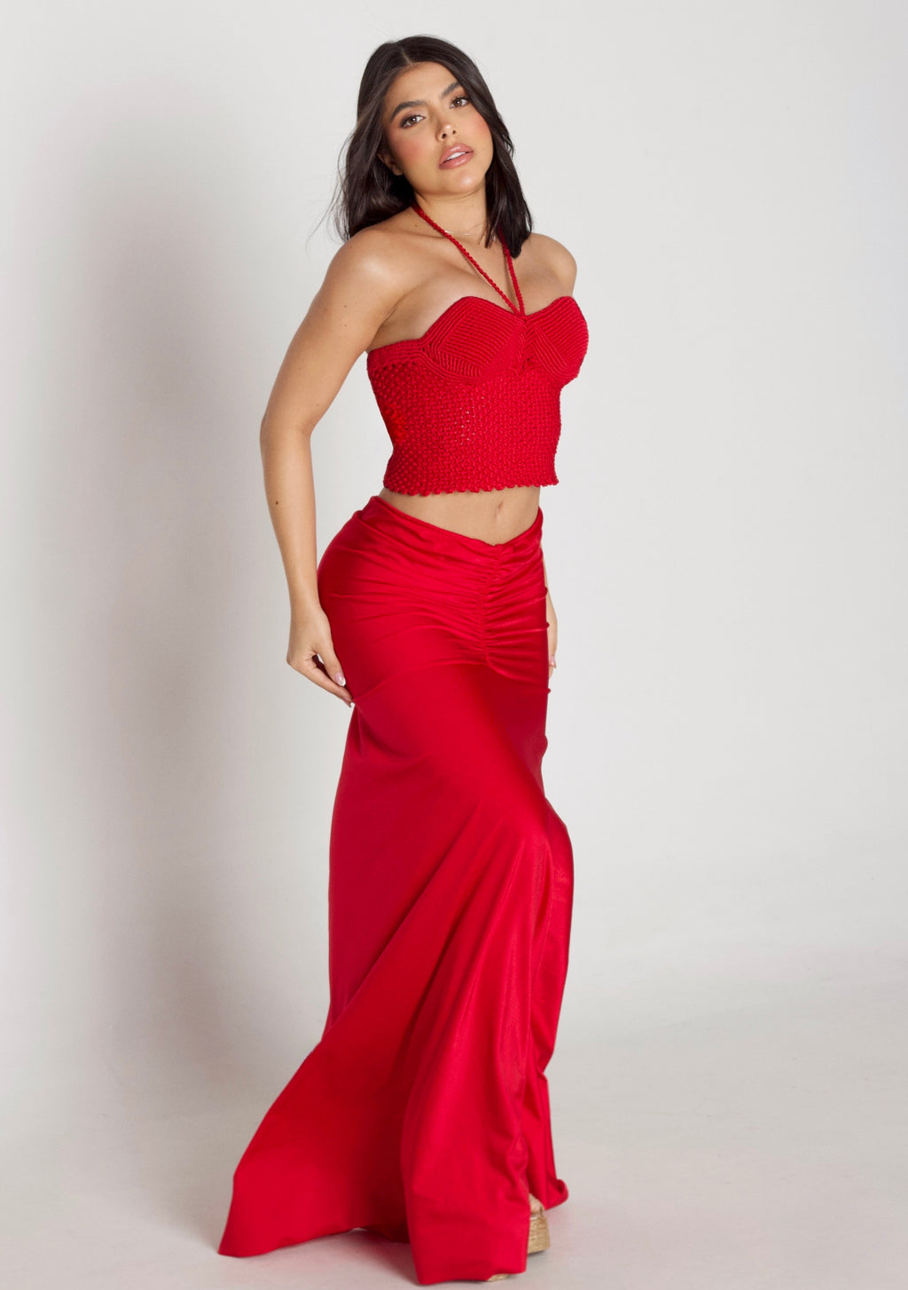 croset macrame falda Rojo