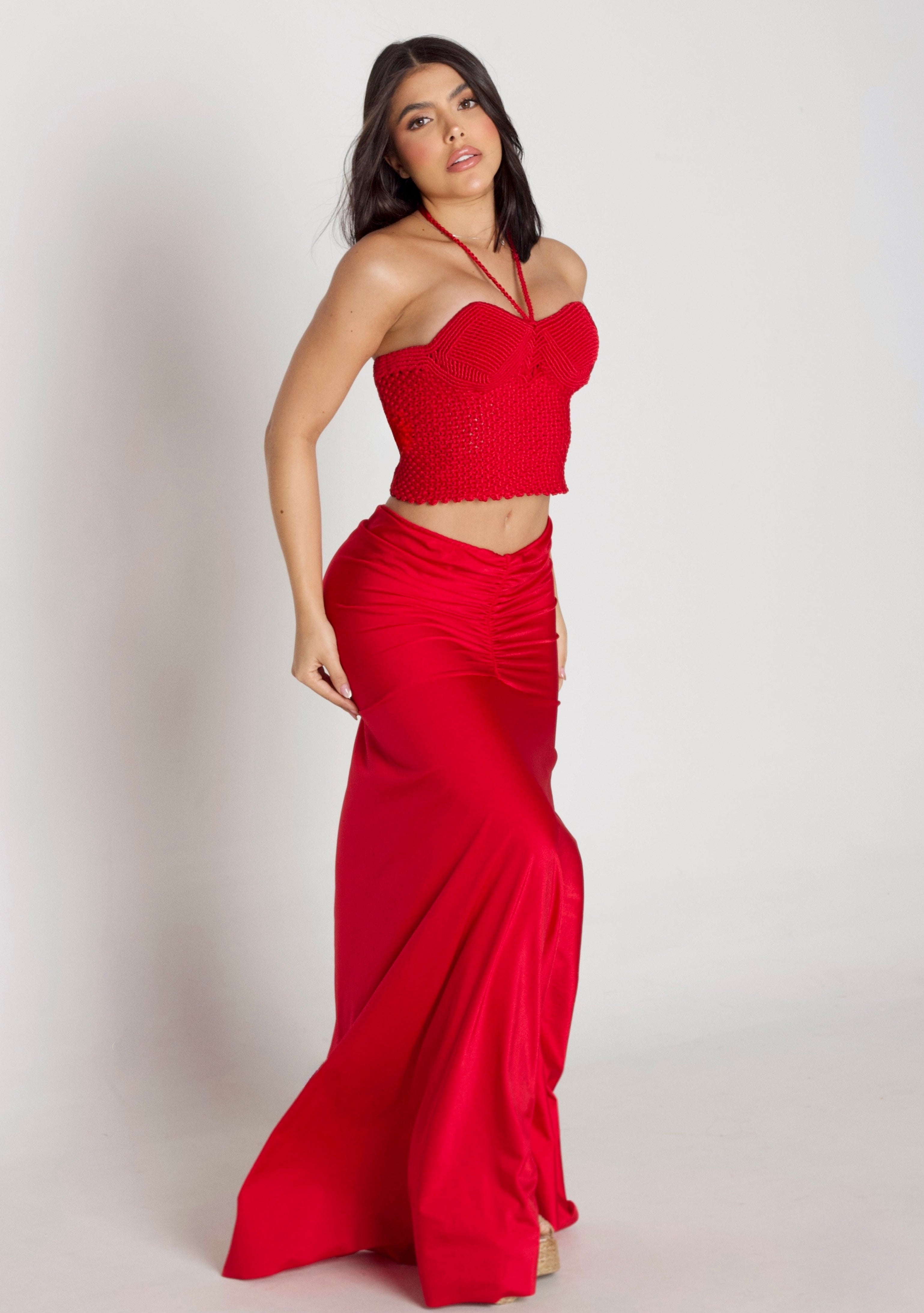 croset macrame falda Rojo