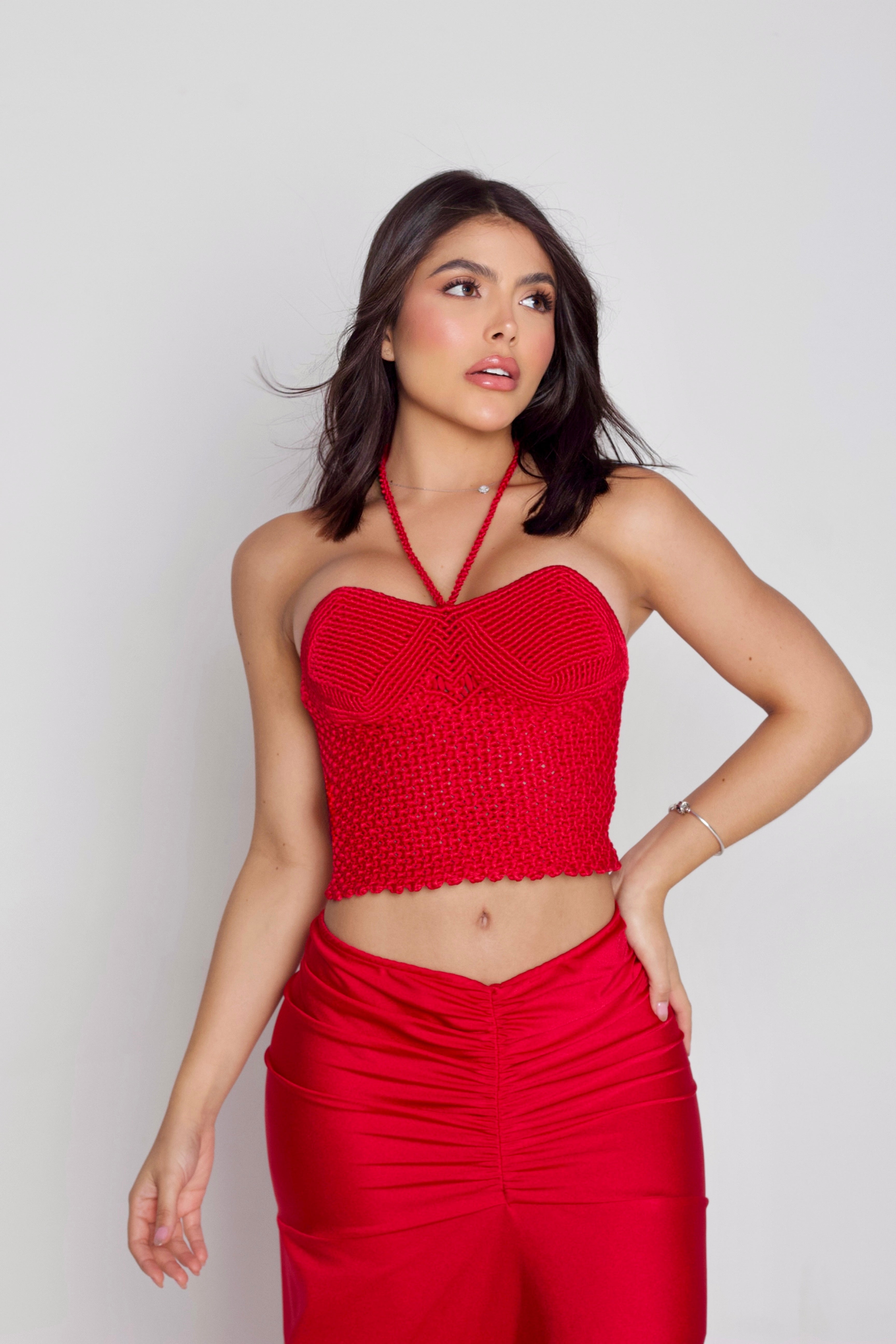 croset macrame falda Rojo